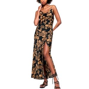 Zara Black Gold Floral Print Maxi Dress size S